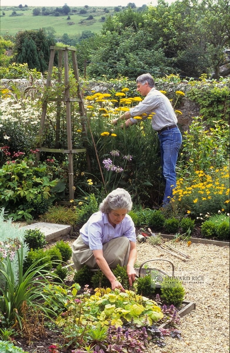 Couple working in garden, August, Cerne Abbas Dorset